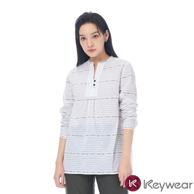 【KeyWear 奇威名品】圓領開襟條紋設計長袖上衣