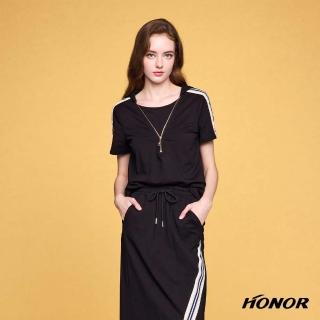 【HONOR 山形屋】休閒拉鍊側肩條紋連帽短袖上衣-黑