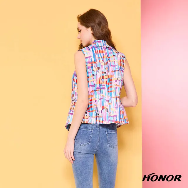 【HONOR 山形屋】出清品 繽紛抽象幾何翻領背心外套-粉紫(限定出清)