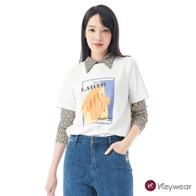 【KeyWear 奇威名品】幾何印花特殊剪裁短袖上衣(共2色)