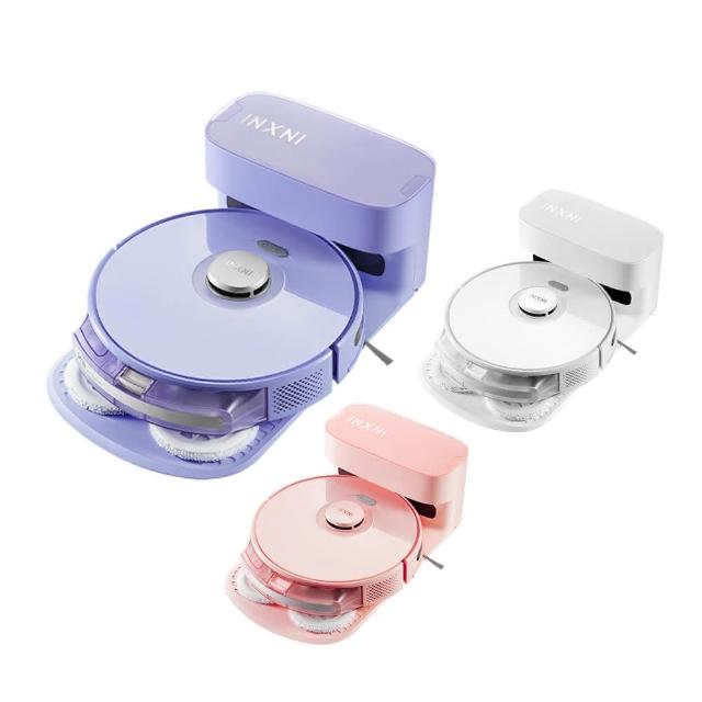 INXNI以內 X3 智慧機器人吸塵器，採用雷射掃描建立地圖與沿牆清潔模式，支援WiFi遠端控制與防跌落感應，電池容量2600mAh，使用時間3-4小時，自動回充，適用20-30坪空間。集塵站容量4L，吸拖一體設計（塵盒130ml+水箱550ml），HEPA濾網有效過濾空氣。尺寸34.5x34.5x7.9cm，重量3.6kg，配件含原廠保證書、邊刷。產地中國，保固1年，BSMI許可R39624。顏色選擇：山茶白、櫻花粉、鳶尾藍。注意：清潔用品一經使用無法退換，訂購前請評估需求。