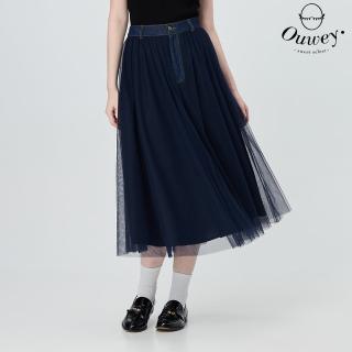 【OUWEY 歐薇】藏青藍拼接牛仔網紗長裙(深藍；S-L；3252322343)