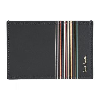 【Paul Smith】PAUL SMITH金字LOGO小牛皮多色條紋2卡開口式卡夾(男款/黑)