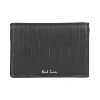 【Paul Smith】PAUL SMITH印銀箔字LOGO牛皮浮雕條紋設計2卡按釦式卡夾包(男款/深棕)