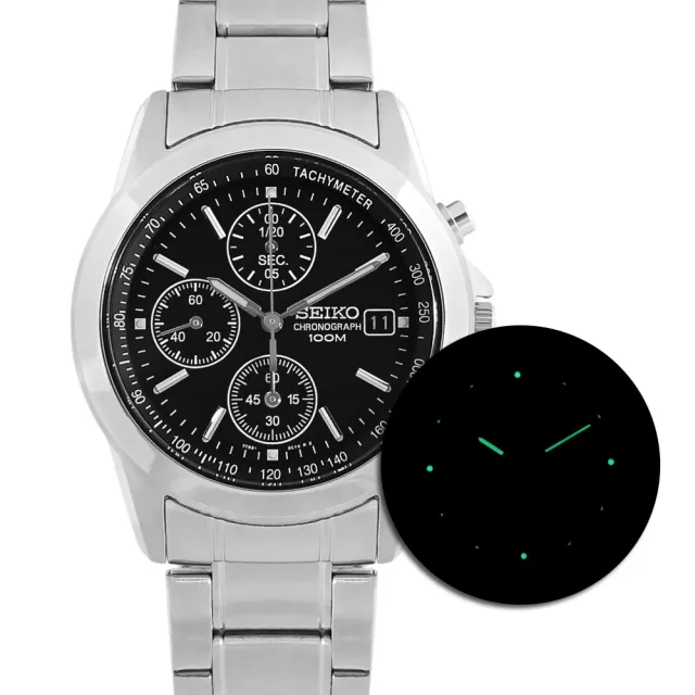 【SEIKO 精工】三眼計時 日期 防水100米 不鏽鋼手錶 黑色 38mm(SND309P)