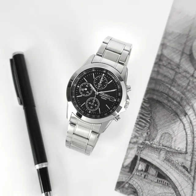 【SEIKO 精工】三眼計時 日期 防水100米 不鏽鋼手錶 黑色 38mm(SND309P)