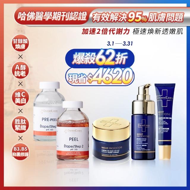 【DermEden 得美登】20%果酸淨白煥膚組+1%A醇撫紋眼霜15mL+再生修護精華30mL+緊緻修護霜50mL