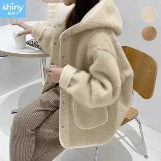 【Shiny 藍格子】時尚寬鬆壓釦仿羊羔毛大衣外套 V5044現+預(女裝 連帽)