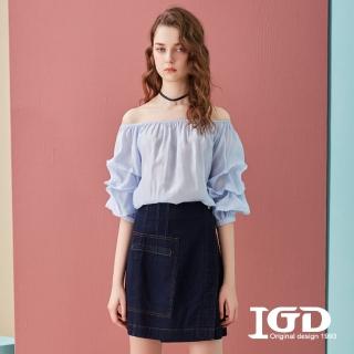 【IGD 英格麗】網路獨賣款-浪漫波浪一字領上衣(藍色)