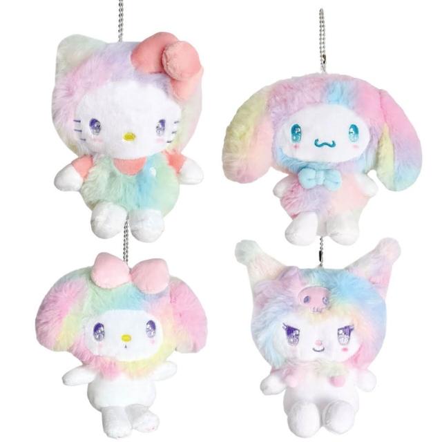 【小禮堂】Sanrio 三麗鷗 絨毛玩偶收納包附吊鏈 獨角獸色款 Kitty 美樂蒂 酷洛米 大耳狗(平輸品)