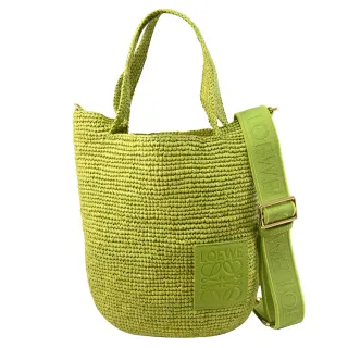 【LOEWE 羅威】Slit Mini 經典徽章LOGO草編包手提包兩用包(草綠)