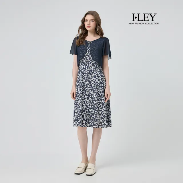 【ILEY 伊蕾】拼接假兩件縲縈棉質洋裝(深藍;M-2L;1252027412)