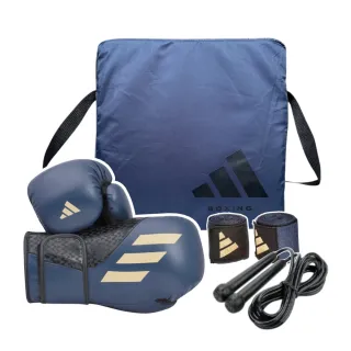 【adidas 愛迪達】SPEED W 拳擊手套+手綁帶+跳繩超值組 宇宙藍金 12OZ(拳擊 泰拳 格鬥 搏擊 健身 有氧)