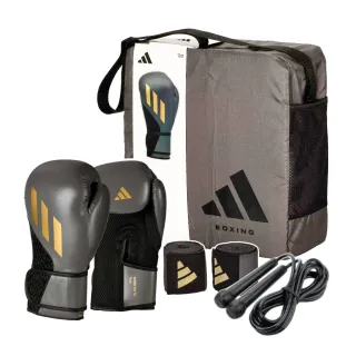 【adidas 愛迪達】SPEED W 拳擊手套+手綁帶+跳繩超值組 太空灰金 12OZ(拳擊 泰拳 格鬥 搏擊 健身 有氧)