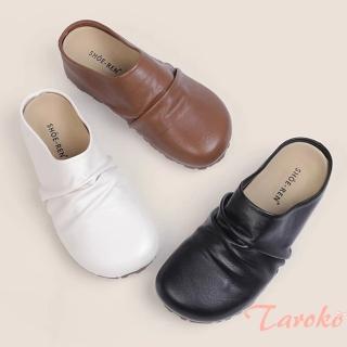 【Taroko】復古皺褶圓頭厚底增高半拖休閒鞋(3色可選)