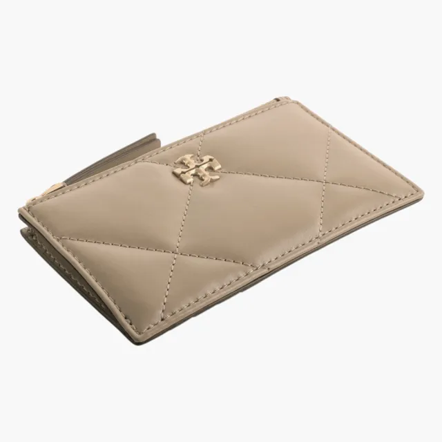 【TORY BURCH】Kira 金屬雙T 絎縫紋拉鍊零錢包(奶茶)