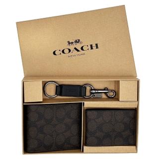 【COACH】C LOGO男款8卡短夾附鑰匙圈活動證件夾禮盒(深咖)