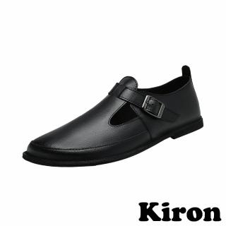 【Kiron】低跟皮鞋 T字皮鞋/時尚個性金屬T字皮帶釦飾造型低跟皮鞋-男鞋(黑)