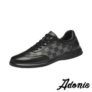 【Adonis】真皮板鞋 撞色板鞋/真皮時尚撞色格子拼接繫帶休閒板鞋-男鞋(黑)