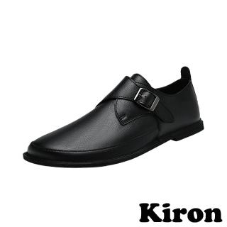 【Kiron】低跟皮鞋/時尚個性金屬皮帶釦飾低跟皮鞋-男鞋(黑)