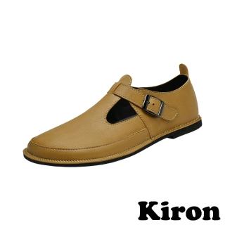 【Kiron】低跟皮鞋 T字皮鞋/時尚個性金屬T字皮帶釦飾造型低跟皮鞋-男鞋(黃)