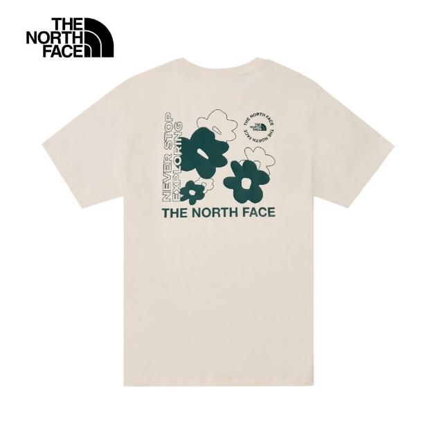 【The North Face】北面男女款米白色趣味印花設計短袖T恤｜8EYBQLI