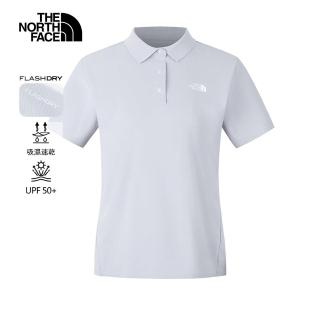 【The North Face 官方旗艦】北面女款藍色吸濕排汗短袖POLO衫｜8CYZ0TI(排汗衫)