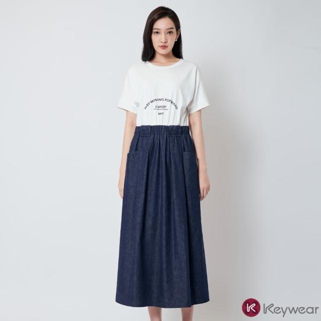 【KeyWear 奇威名品】字母T恤拼接假兩件休閒洋裝