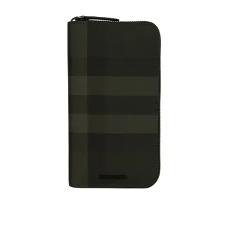 【BURBERRY 巴寶莉】格紋塗層帆布及牛皮拉鍊型長夾(炭灰色)