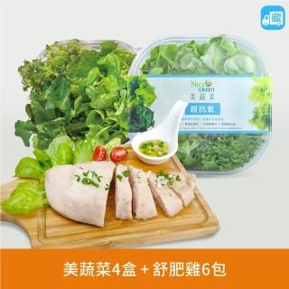 【NICE GREEn 美蔬菜】美蔬菜4盒+舒肥雞6包 贈沙拉醬4包(生菜 美生菜 蔬菜 沙拉 舒肥雞)