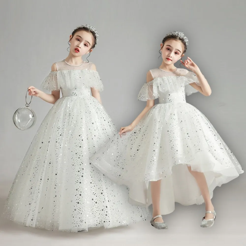 【橘魔法】純美銀星燙印一字領篷篷紗裙禮服(露肩禮服 大童 花童 畢業 禮服 全家福 婚禮 女童)