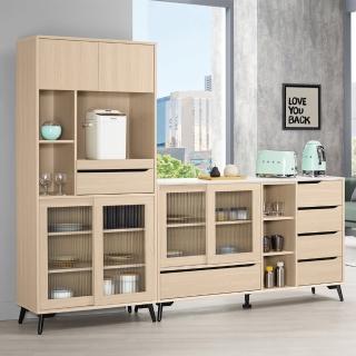 【BODEN】米達7.7尺長虹玻璃L型仿石面收納餐櫃組合(2.7尺拉盤電器高餐櫃+5尺碗盤置物矮櫃)