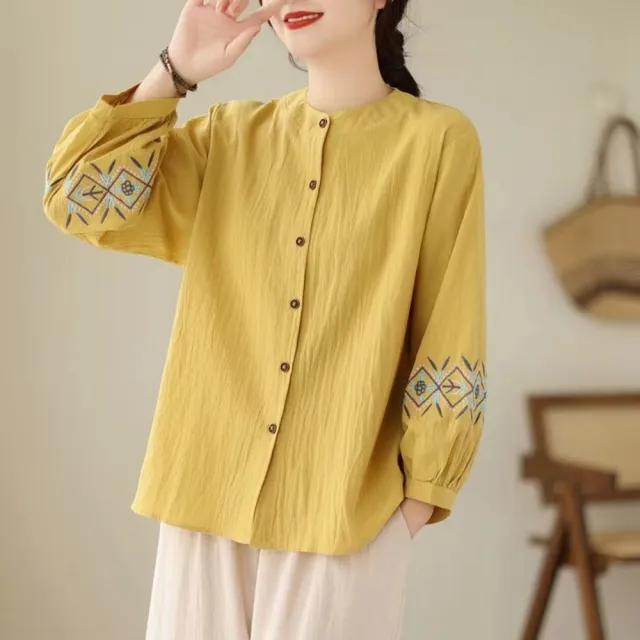 【AKARA】工匠刺繡棉麻簡單圓領長袖襯衫(春秋 3XL有 顯瘦身剪裁 中大尺碼)