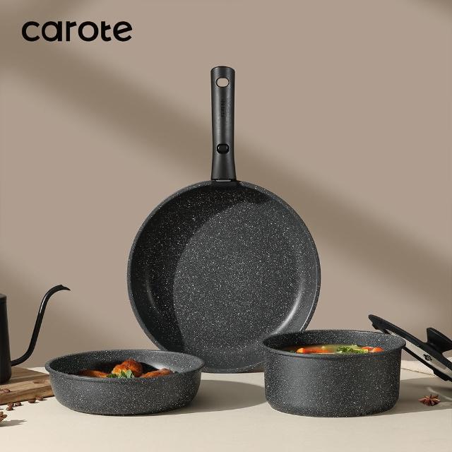 【CAROTE】麥飯石不沾鍋三鍋七件組-可拆卸手把/平底鍋20cm/煎炒鍋26cm/奶鍋18cm附蓋(IH、電磁爐適用)