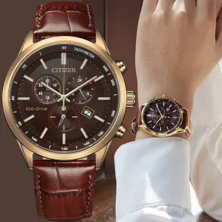 【CITIZEN 星辰】亞洲限定款 光動能三眼計時手錶-咖啡x玫瑰金/42mm 男錶 父親節禮物(AT2573-07X)