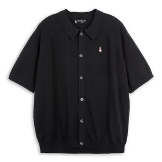 【Hush Puppies】男裝 線衫 素色刺繡小狗落肩開襟線衫(黑色 / 53113105)