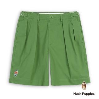 【Hush Puppies】男裝 短褲 素色腰鬆緊美式狗打摺短褲(草綠 / 53122105)