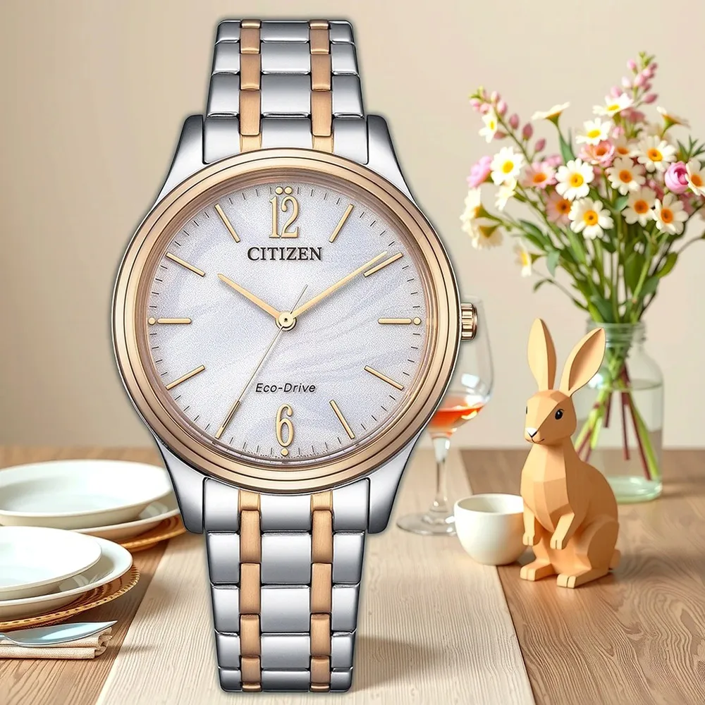 【CITIZEN 星辰】光動能大三針時尚女錶-銀x玫瑰金/34mm 520禮物 送禮 手錶(EM0416-78A)