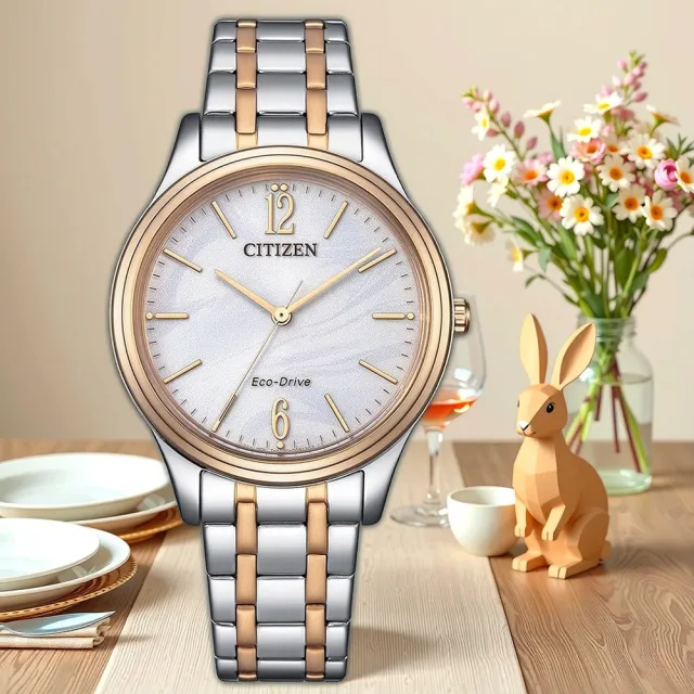 【CITIZEN 星辰】光動能大三針時尚女錶-銀x玫瑰金/34mm 520禮物 送禮 手錶(EM0416-78A)