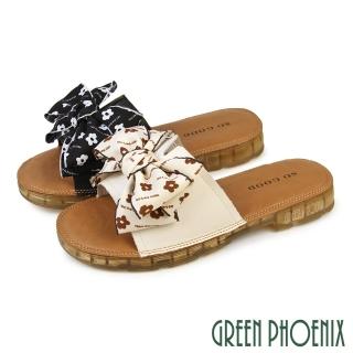 【GREEN PHOENIX 波兒德】女 拖鞋 全真皮 蝴蝶結 寬版 彈力(米色、黑色)