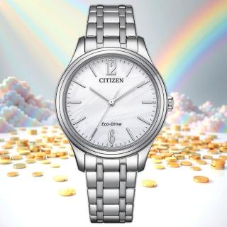 【CITIZEN 星辰】光動能大三針時尚女錶-銀x白/34mm 手錶 畢業禮物(EM0411-71A)