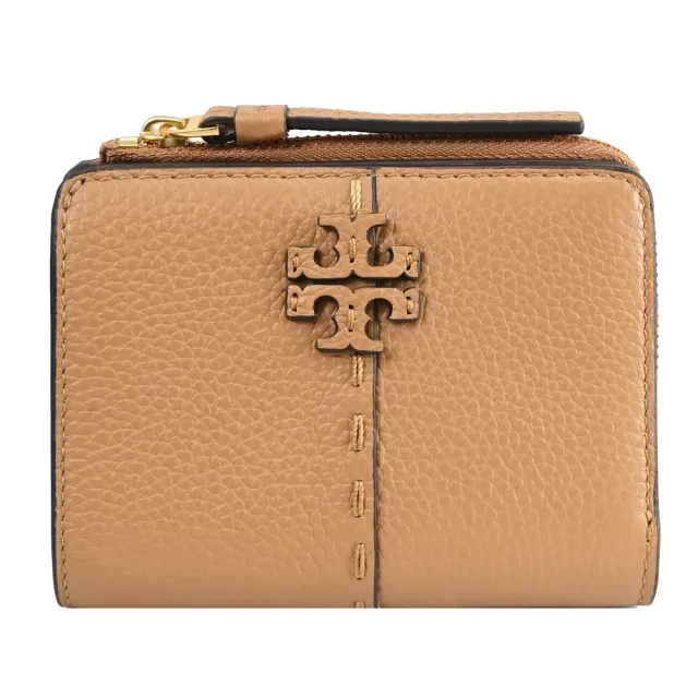 【TORY BURCH】簡約經典雙T LOGO荔枝皮革扣式零錢短夾(淺咖)