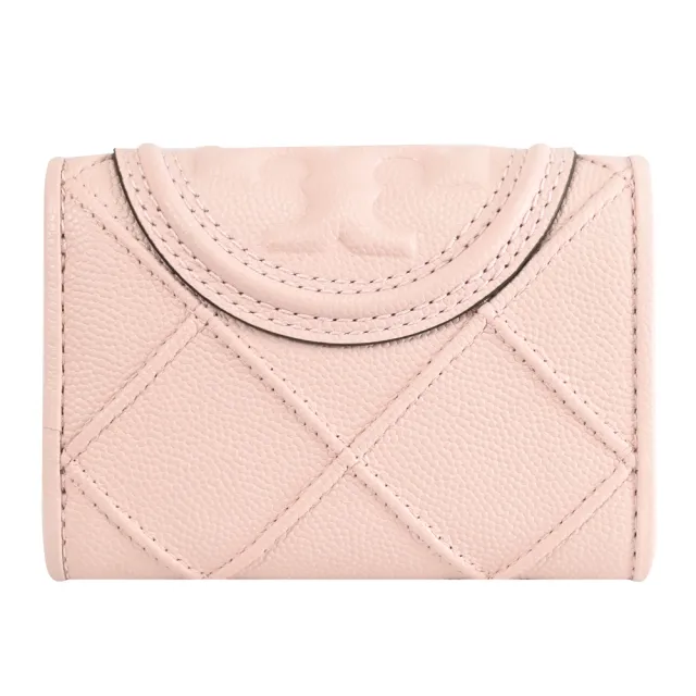 【TORY BURCH】經典立體雙T LOGO菱格車線皮革三折小短夾(粉)