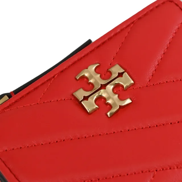 【TORY BURCH】經典雙T LOGO絎縫皮革釦式零錢短夾(紅)