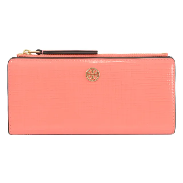 【TORY BURCH】金屬雙T LOGO十字紋漆皮對折扣式零錢長夾(粉橘)