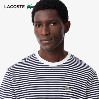 【LACOSTE】男裝-條紋重磅棉質短袖T恤(白色/海軍藍條紋)