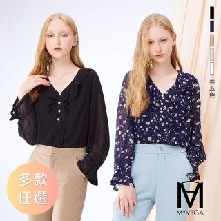 【MYVEGA 麥雪爾】MA多款氣質雪紡長袖上衣-多款任選(雪紡/碎花/點點/長版/綁帶上衣)