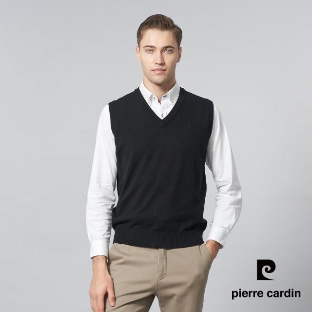 【pierre cardin 皮爾卡登】網路獨家 男款 羊毛混紡素色V領毛衣背心-黑色(7005461-99)