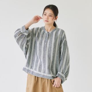 【Simply Yours 類似簡約】亞麻澎袖條紋上衣 灰藍F(亞麻澎袖條紋上衣)