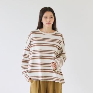【Simply Yours 類似簡約】休閒條紋長袖T 咖啡F(休閒條紋長袖T)